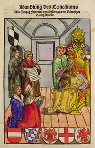Fryderyk IV, książę Austrii, deklarujący swoją wierność cesarzowi na soborze w Konstancji, z „Chronik des Konzils von Konstanz”